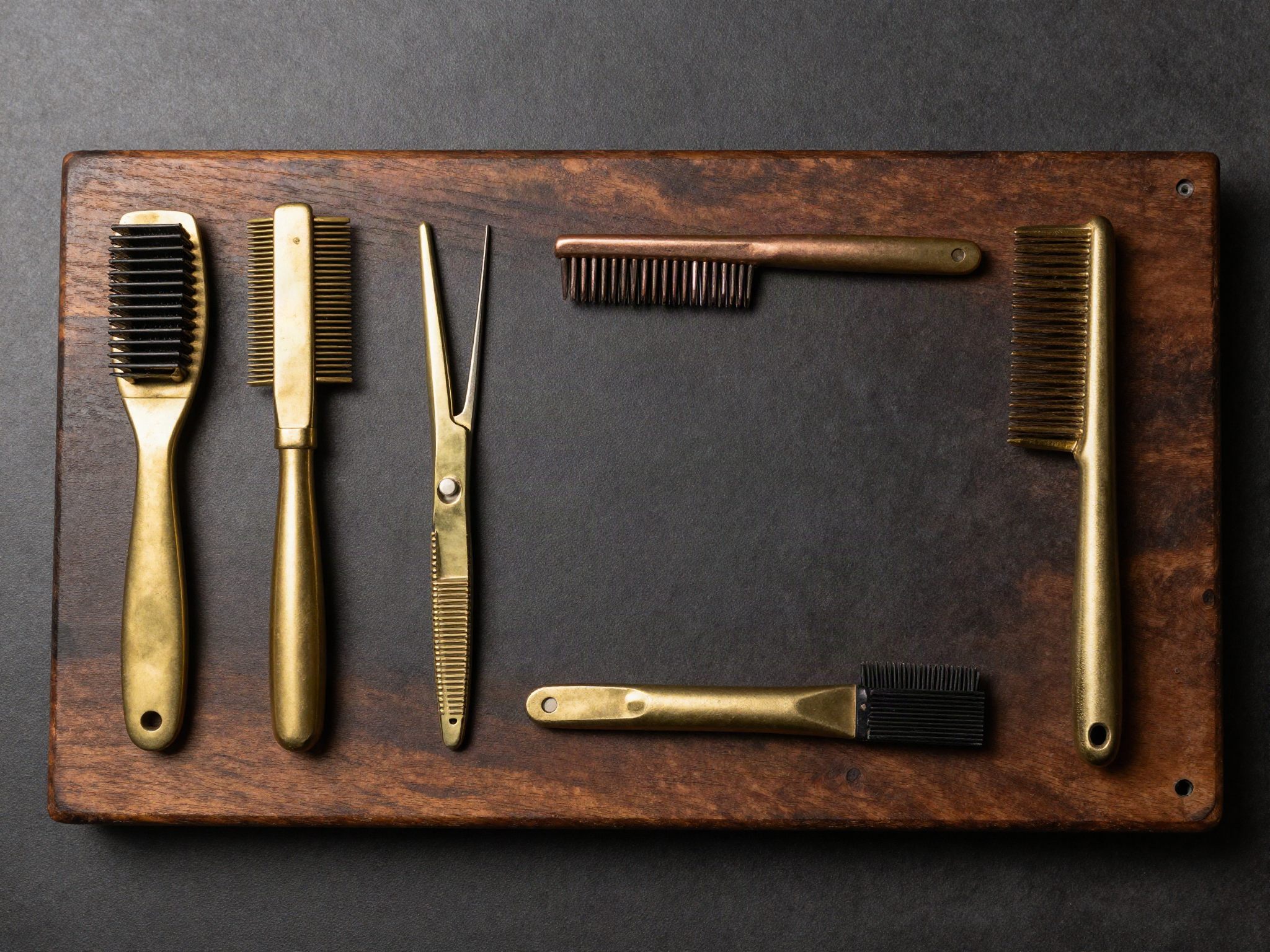 Grooming tools laid out on a workbench