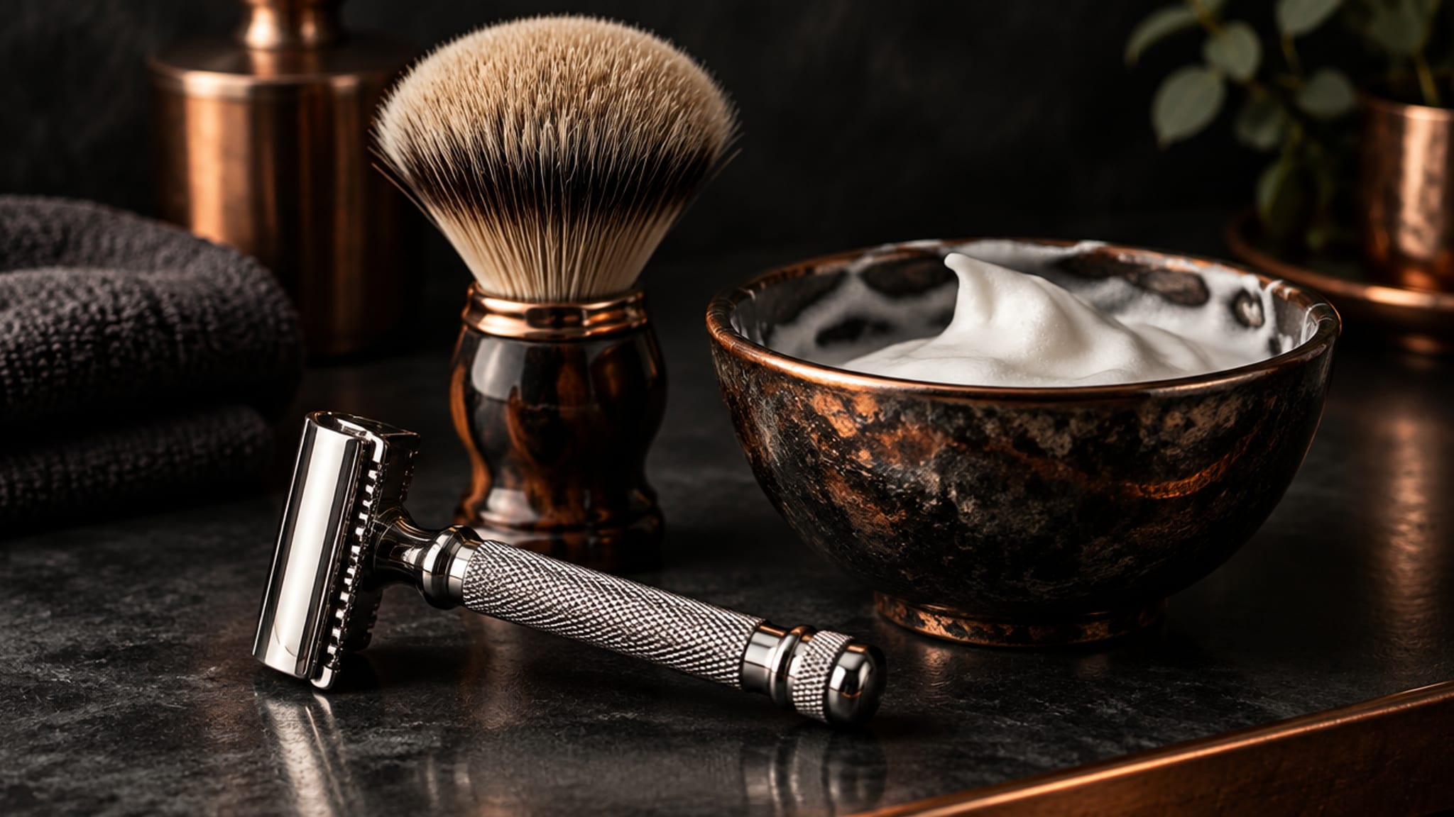 Safety razor and shaving brush on a dark stone counter