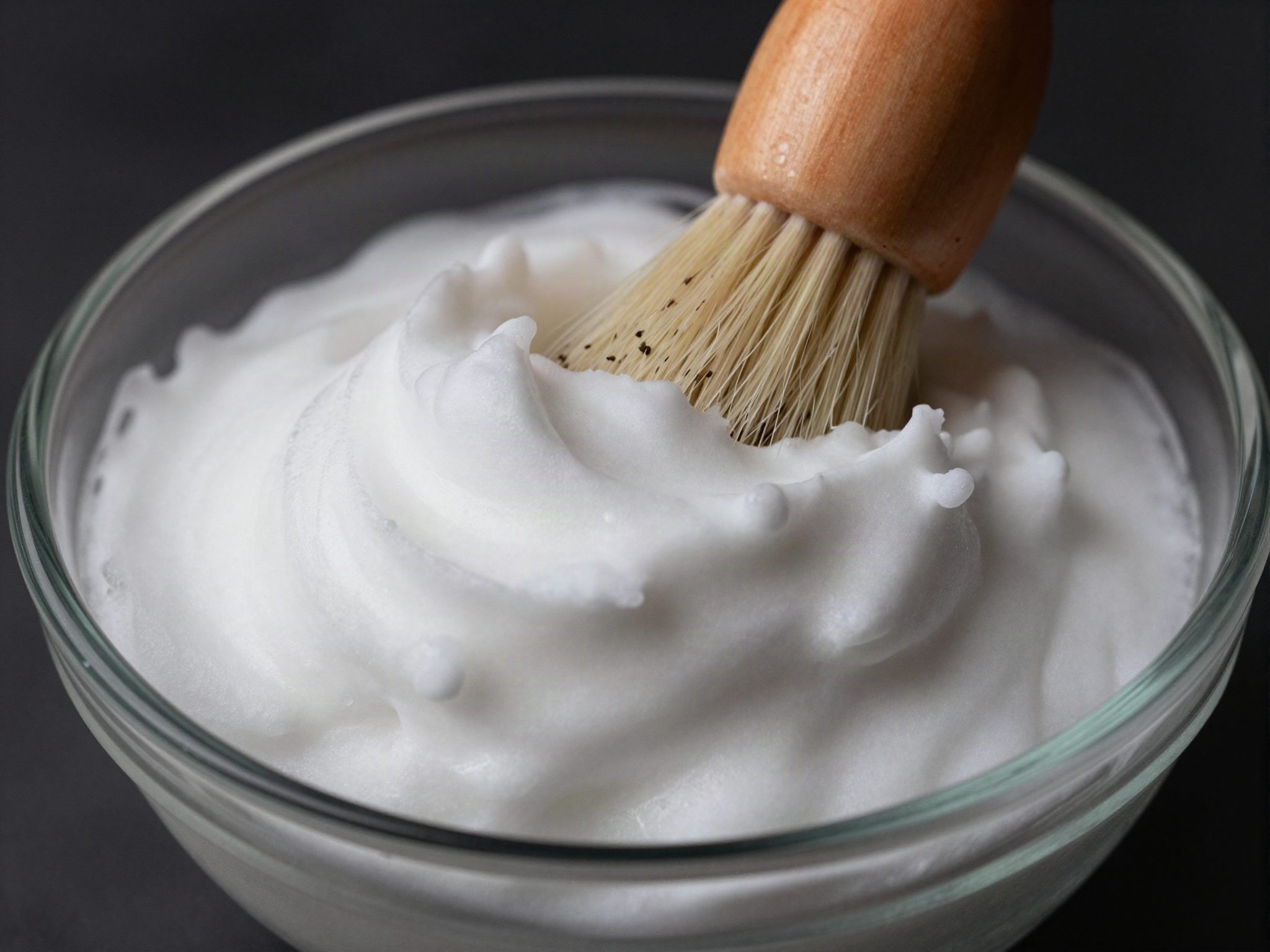Rich shaving lather in a bowl with a brush