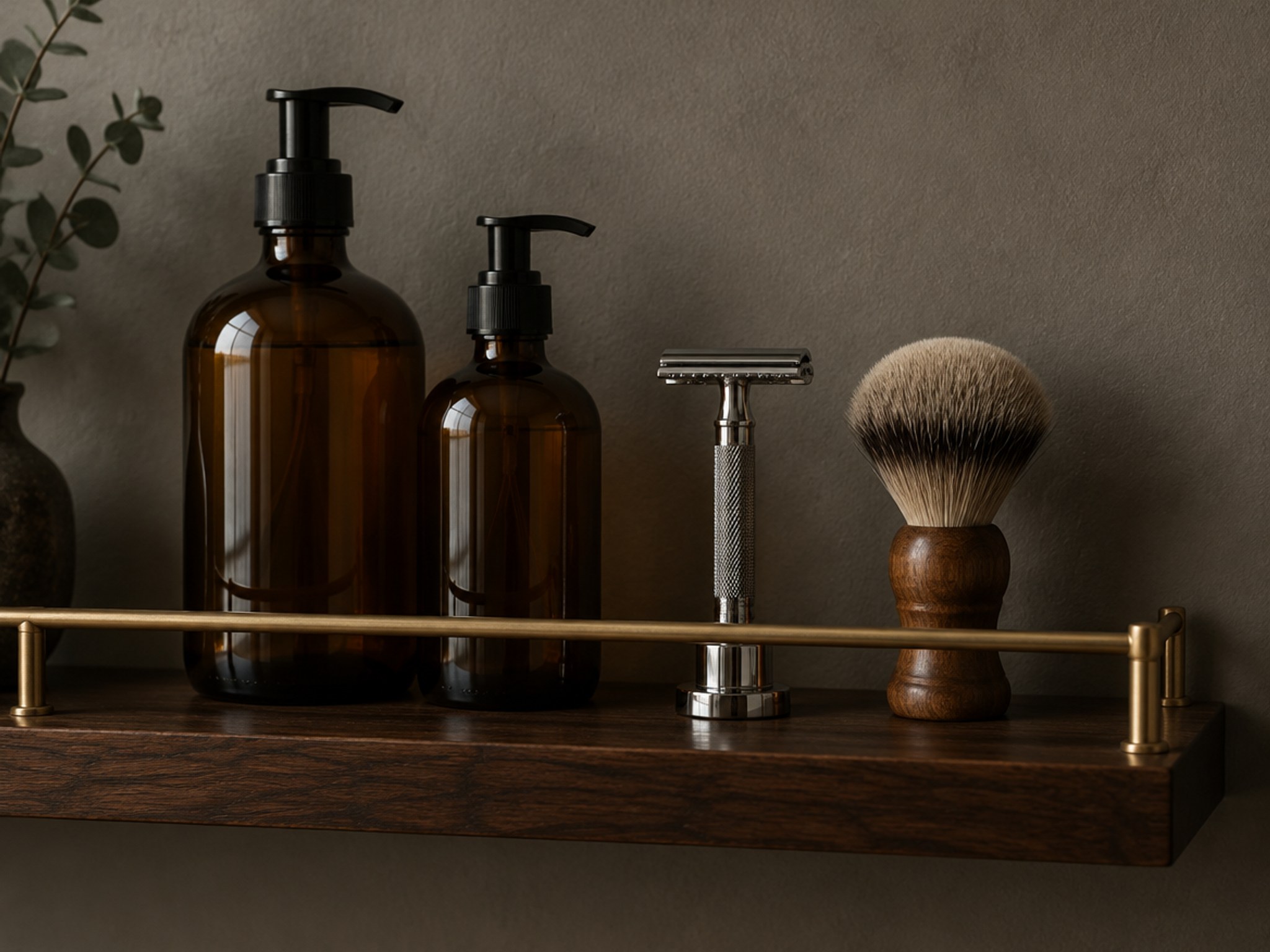 Grooming shelf with bottles, razor and brush